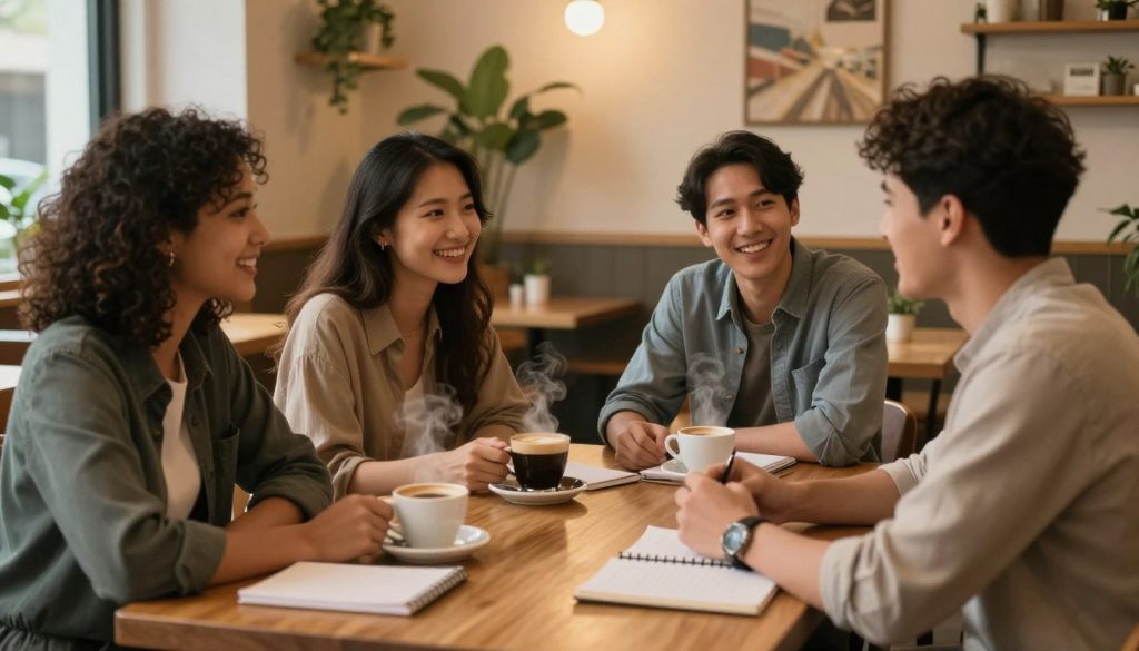 A cozy café scene showcasing a diverse group of four friends, two men and two women, engaged in deep conversation at a wooden table. The foreground features steaming coffee cups and a scattering of notebooks, symbolizing their effort to stay connected despite busy lives. In the middle, the friends share warm smiles and laughter, dressed in smart casual attire, conveying a supportive and friendly atmosphere. The background includes soft lighting with warm tones, casting a comfortable ambiance, while the café is adorned with plants and artwork, enhancing the nurturing vibe. The perspective is slightly elevated, capturing the sense of togetherness and the importance of maintaining friendships, even amidst hectic schedules, evoking feelings of warmth and connection.