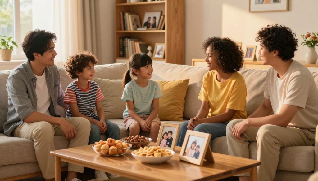A cozy family gathering scene set in a warmly lit living room during the golden hour. In the foreground, a diverse family consisting of four members—two adults and two children—are seated together on a plush sofa, engaged in a lively conversation. The adults are wearing modest casual clothing, while the children are dressed in colorful, playful outfits. In the middle ground, a coffee table laden with snacks and a few family photos adds a personal touch, promoting a sense of togetherness. In the background, bookshelves filled with family mementos and soft lighting create a warm, inviting atmosphere. The overall mood is cheerful and intimate, emphasizing connection and dialogue among family members. The image captures the essence of nurturing communication habits.