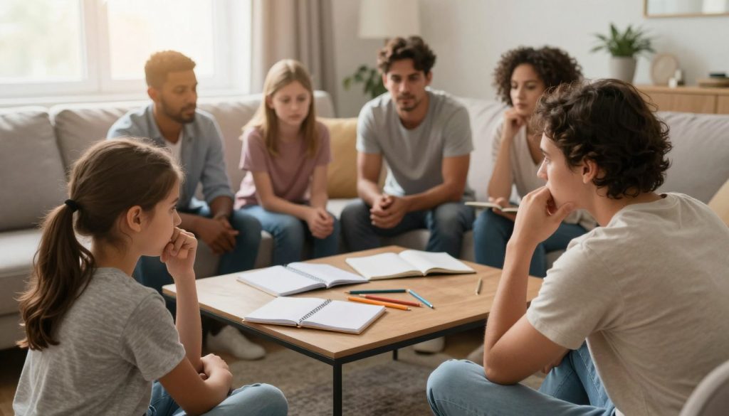 A cozy family living room scene showcasing a diverse group of family members—parents and children—engaged in constructive conflict resolution techniques. In the foreground, a mother and father are sitting on a soft, neutral-colored sofa, actively listening to their children, who express their feelings. The middle ground features a coffee table with open notebooks and colored pencils, symbolizing brainstorming and communication. In the background, warm sunlight filters through a window, casting a gentle glow and creating an inviting atmosphere. The family is dressed in modest, casual attire, emphasizing comfort and approachability. The mood is calm, supportive, and encouraging, reflecting the idea of nurturing harmony and understanding in family interactions. Use soft focus and a slightly elevated angle to capture the intimate interaction without losing detail.