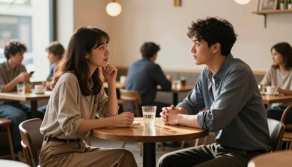A cozy, softly lit café setting that conveys warmth and connection, showcasing two friends sitting across from each other at a small wooden table. One friend, a woman in modest casual attire, gestures thoughtfully, indicating the importance of communicating needs. The other friend, a man in a smart casual outfit, listens attentively, demonstrating respect for boundaries. In the background, blurred out, are other patrons enjoying their conversations, adding to the atmosphere of openness. The lighting is natural, filtering in through a window, creating gentle highlights and shadows that enhance the intimate mood. The overall vibe should evoke feelings of trust, understanding, and the importance of genuine communication in maintaining friendships.
