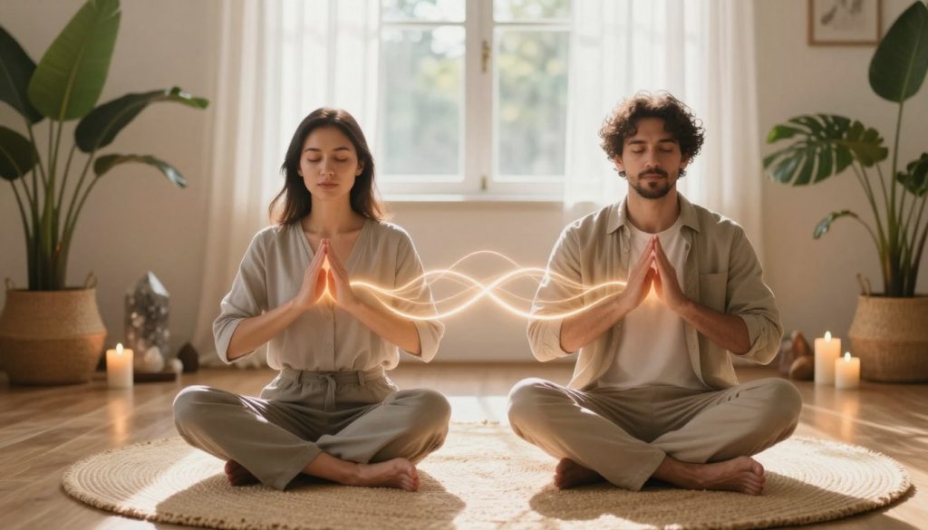 A serene and inviting space dedicated to relationship energy work techniques. In the foreground, two individuals sit cross-legged on a soft, natural fiber mat, dressed in professional casual attire, eyes closed, engaged in a deep meditative practice. Their hands are positioned in front of their hearts, emanating gentle, glowing energy waves that intertwine, symbolizing connection and harmony. The middle ground features a softly lit room with plants, crystals, and calming candles, enhancing the atmosphere of tranquility and energy flow. The background shows a large window with flowing sheer curtains, allowing soft, warm sunlight to illuminate the scene, casting gentle shadows. The overall mood is peaceful and harmonious, evoking a sense of potential and growth in intimate relationships, with a focus on positivity and nurturing energy dynamics.