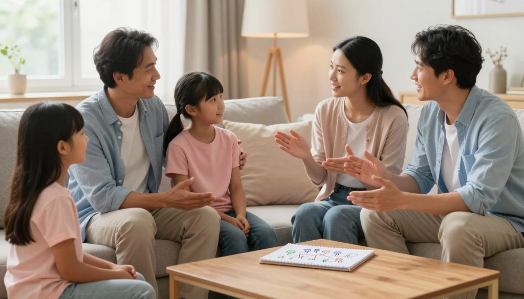A serene family gathering in a cozy living room, illustrating effective communication skills. In the foreground, a diverse family of four—two parents and two children—sitting on a comfortable couch, engaged in a harmonious discussion, displaying open body language and attentive expressions. The middle ground features a coffee table with a notepad and a small family tree drawing, symbolizing connection. In the background, warm lighting from a window creates a soft, inviting atmosphere, enhancing the sense of warmth and togetherness. The overall mood is uplifting and supportive, with pastel colors dominating the scene. Focused shot from eye level, creating an intimate and relatable perspective.