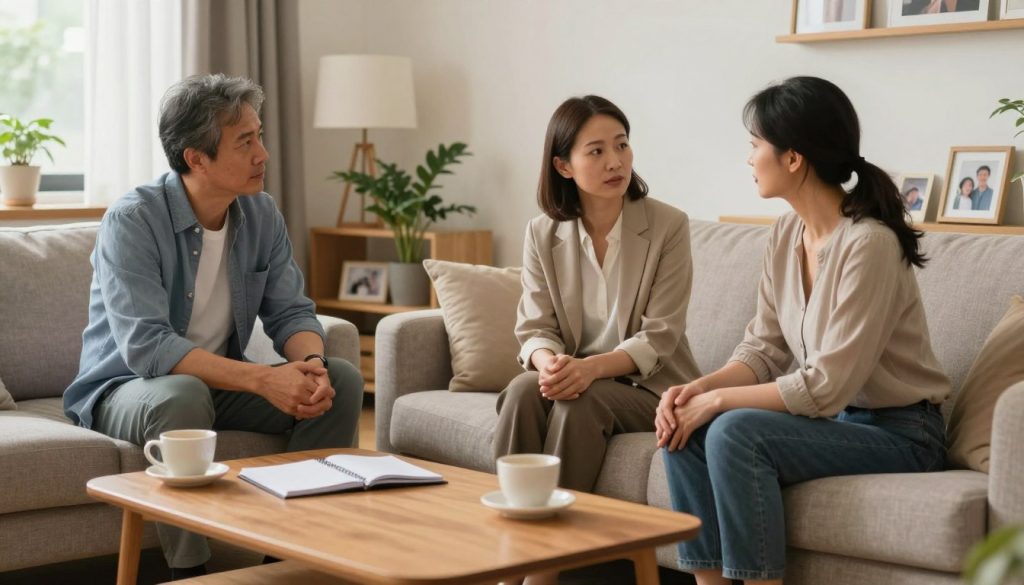 A serene family scene set in a comfortable living room, featuring two adults engaged in a calm discussion, embodying conflict resolution strategies. In the foreground, a middle-aged man in smart casual attire and a woman in professional business wear are seated on a cozy couch, actively listening to each other. In the middle ground, a warm coffee table is adorned with a notepad and a few coffee cups, symbolizing open communication and collaboration. The background reveals a softly lit room with family photos and plants, creating a nurturing atmosphere. The lighting is soft and inviting, enhancing the warm, hopeful mood of the scene. A wide-angle perspective captures the entire setting, emphasizing the importance of familial bonds and resolution.