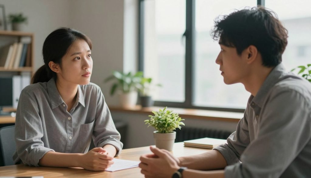 A serene office environment with two diverse individuals engaged in a thoughtful conversation, focusing on their facial expressions that convey empathy and understanding. In the foreground, one person gestures gently with an open hand, symbolizing openness, while the other leans slightly forward, signaling attentiveness. The middle ground features a wooden table with a small potted plant, representing growth in relationships. Soft, natural lighting filters through a large window, creating warm highlights on their faces, enhancing the emotional connection. The background softly blurs out office elements, like bookshelves and framed art, to keep the attention on the interaction. The overall mood is calm and inviting, emphasizing the importance of recognizing emotional connection signals in communication.