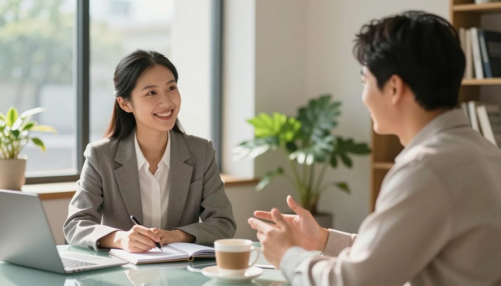 A serene office environment with two individuals engaged in healthy communication. In the foreground, a woman in professional attire smiles warmly as she listens intently to a man, who is speaking confidently. Both are seated at a glass table with a notepad and a coffee cup, symbolizing a productive discussion. In the middle ground, natural light filters through large windows, casting soft shadows and creating an inviting atmosphere. In the background, plants and bookshelves add a touch of warmth and greenery, enhancing the sense of a comfortable space. The overall mood is positive and collaborative, emphasizing connection and understanding in communication, with a warm color palette to reflect a friendly vibe. Use bright, soft lighting to highlight their expressions and body language.