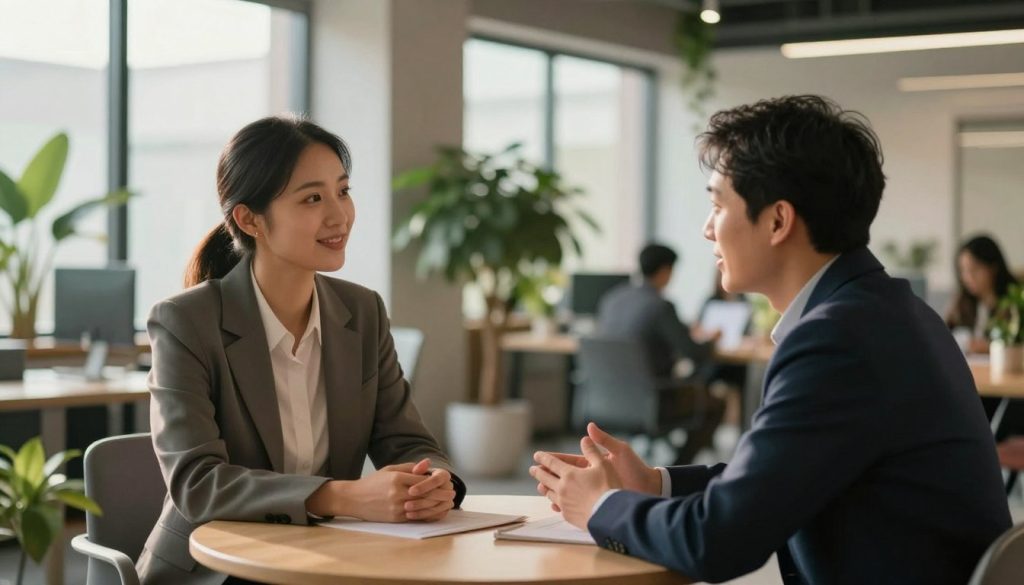 A serene office setting representing "building strong relationships." In the foreground, two colleagues, a man and a woman wearing professional business attire, are seated across from each other at a round table, engaged in an open and trust-filled conversation. Their expressions convey warmth and respect, with hand gestures suggesting active listening. In the middle ground, a modern office interior with potted plants and natural light streaming through large windows creates an inviting atmosphere. The background features soft, blurred silhouettes of other office spaces, emphasizing collaboration. The lighting is warm and inviting, highlighting the connection between the two individuals. The overall mood is one of harmony and professionalism, encapsulating the essence of unwavering trust and respect in relationships.