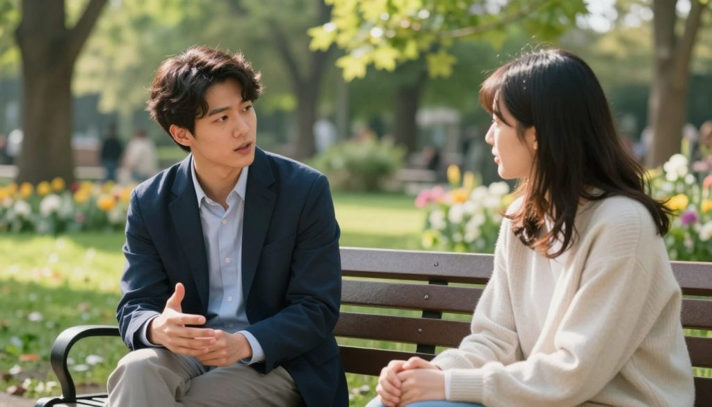A serene outdoor park scene depicting two friends engaged in a constructive conversation, focusing on effective communication. In the foreground, one friend, dressed in smart casual attire, is calmly expressing their thoughts, while the other, in a light sweater, listens attentively, showing empathy. Their facial expressions reflect understanding and openness, creating a reassuring atmosphere. In the middle, a soft bench surrounded by greenery and blooming flowers adds a peaceful touch, symbolizing a safe space for dialogue. In the background, sunlight filters through the leaves, casting gentle shadows, enhancing the mood of trust and connection. The image is captured with a slightly blurred depth of field to keep the focus on the friends, creating an intimate yet bright environment that encourages dialogue and conflict resolution.