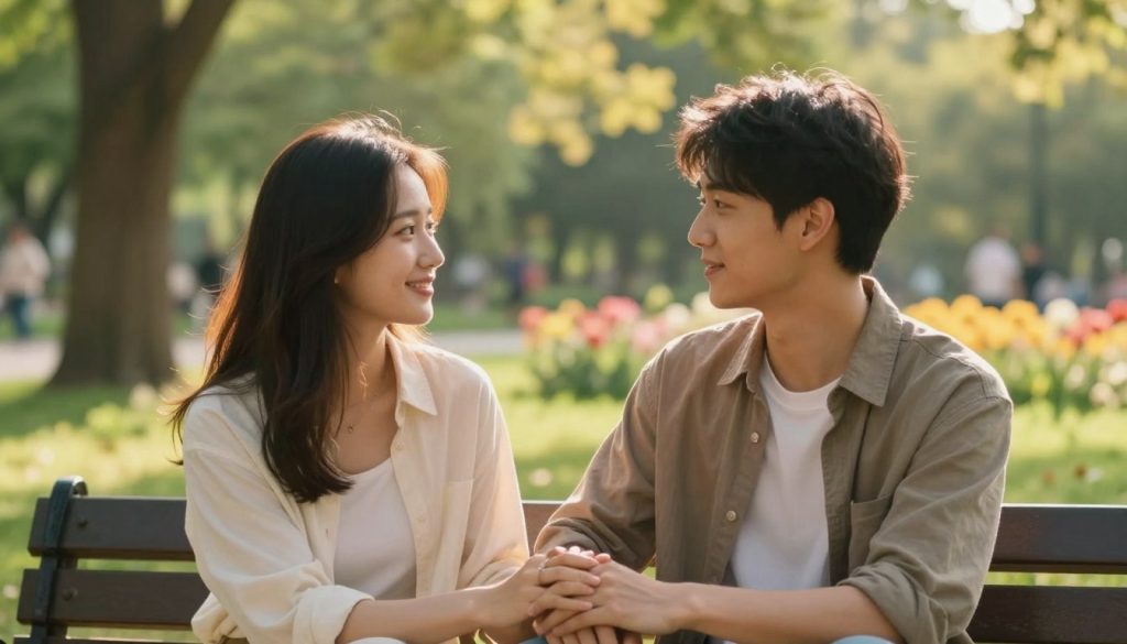 A serene scene capturing emotional connection in relationships, featuring two individuals sitting closely on a park bench, their hands gently intertwined. The foreground showcases their attentive expressions, reflecting warmth and understanding. In the middle ground, soft sunlight filters through the trees, casting golden hues that enhance the intimate atmosphere. In the background, a lush green park with blooming flowers adds vibrancy. The composition employs a shallow depth of field, drawing focus to the couple while softly blurring the natural scenery behind them. The mood is tender and uplifting, evoking feelings of trust and companionship. The lighting is warm and inviting, suggesting a peaceful late afternoon.