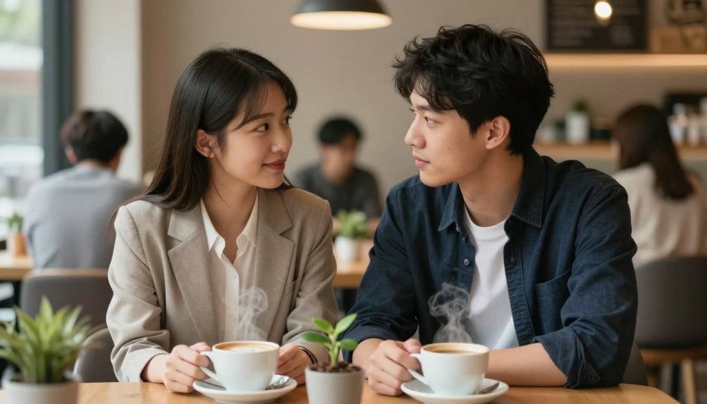A serene scene depicting two individuals sitting closely together in a cozy coffee shop. In the foreground, a young woman in a stylish yet modest business attire, her expression warm and empathetic, leans slightly towards a young man dressed in smart casual clothing, who is attentively listening with a thoughtful gaze. The middle ground features a table with two steaming cups of coffee and a small plant, symbolizing growth in their emotional connection. In the background, soft ambient lighting creates a welcoming atmosphere, with blurred details of other patrons engaged in quiet conversations. The focus is on the engaged expressions of the couple, highlighting their emotional compatibility and deep connection, evoking a sense of warmth and understanding. Use a shallow depth of field to draw attention to their interaction.