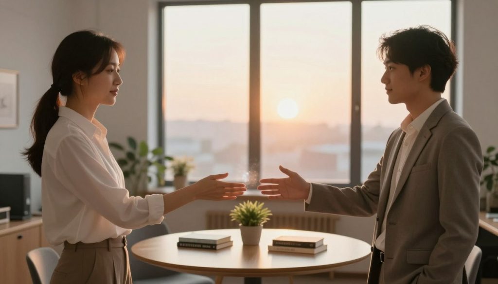 A serene scene showcasing two professional partners in a cozy, well-lit office space, engaging in an energy exchange. The foreground features the partners standing facing each other, their hands gently reaching out, creating a subtle glow between them. They are dressed in smart, professional attire, radiating trust and collaboration. In the middle ground, a round table with a few motivational books and a plant adds warmth and a homely touch. The background displays soft, calming colors with a large window revealing a gentle sunrise, symbolizing new beginnings and positivity. Use soft, diffused natural lighting to create an uplifting atmosphere, capturing the essence of connection, harmony, and mutual support between them.