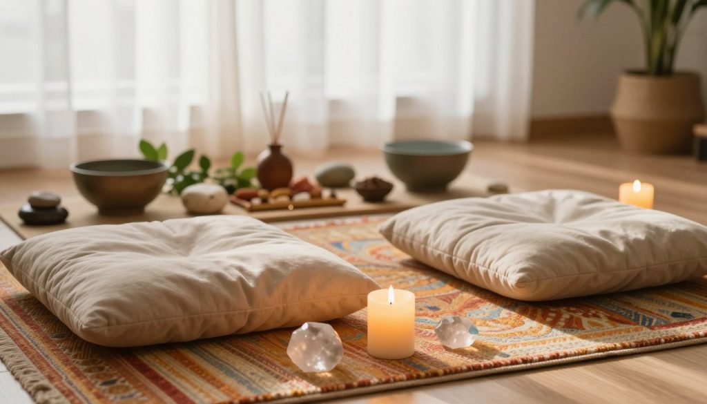 A tranquil sacred space designed for energy exchange, featuring two comfortable cushions placed on a soft, vibrant rug. In the foreground, a flickering candle emits a warm glow, while gentle crystals are scattered around, radiating calming energy. The middle layer includes an altar adorned with greenery, aromatic incense, and small bowls of natural elements like stones and water, symbolizing balance and harmony. In the background, a serene indoor setting with soft, diffused sunlight filtering through sheer curtains creates an inviting atmosphere. The entire scene conveys a sense of peace, connection, and readiness for energy exchange, suitable for partners to strengthen their bond. The image should capture a soft focus with a warm color palette, emphasizing tranquility and intimacy without any human subjects.
