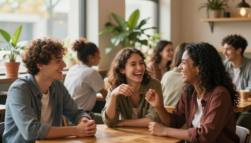 A vibrant scene depicting a diverse group of friends gathered in a cozy, well-lit café. In the foreground, three friends of different ethnicities share a hearty laugh, sitting closely together at a wooden table, their expressions reflecting joy and support. One of them gestures animatedly, while another listens intently, showing genuine interest. In the middle, a warm atmosphere is created by soft, golden light filtering through large windows adorned with indoor plants, enhancing the sense of connection. In the background, more friends engage in conversation, illustrating a lively environment filled with camaraderie. The overall ambiance is inviting and uplifting, evoking feelings of warmth and community, with a slightly blurred background to emphasize the foreground interactions. Captured at eye level with a slight depth of field to focus on the relationships being formed.