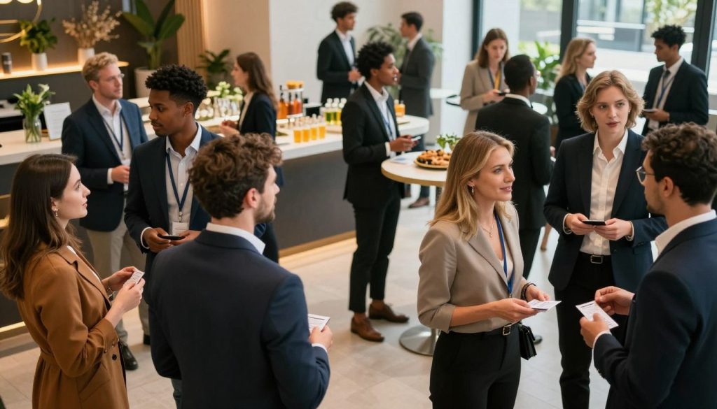 A vibrant scene depicting a diverse group of professionals engaged in networking at a modern event. In the foreground, several individuals in professional business attire, such as sharp suits and elegant dresses, engage in animated conversation and exchange business cards. In the middle ground, a stylish refreshment table with drinks and appetizers invites guests to mingle. The background features a contemporary venue with elegant decorations, soft lighting casting a warm glow throughout the scene. The mood is lively and energetic, capturing the essence of collaboration and opportunity. The image is shot from a slightly elevated angle, offering a dynamic view of the interactions while highlighting the modern architecture. No text or branding is present, ensuring a clean, professional look.