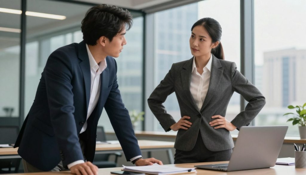 A visually dynamic representation of power dynamics in relationships, featuring two professionals engaged in a discussion. In the foreground, a confident woman in a tailored business suit stands with an assertive posture, hands on hips, while a man in a smart blazer leans slightly, listening intently, showcasing a balance of power. The middle ground should depict a modern office setting with a sleek table, a laptop, and partially open laptop notes. The background reveals glass windows reflecting a city skyline, symbolizing ambition. Soft, diffused lighting casts a warm, inviting atmosphere, highlighting their expressions. The shot is taken from a slightly low angle to emphasize their stature and authority, creating a compelling visual narrative of mutual respect and engagement in a professional context.