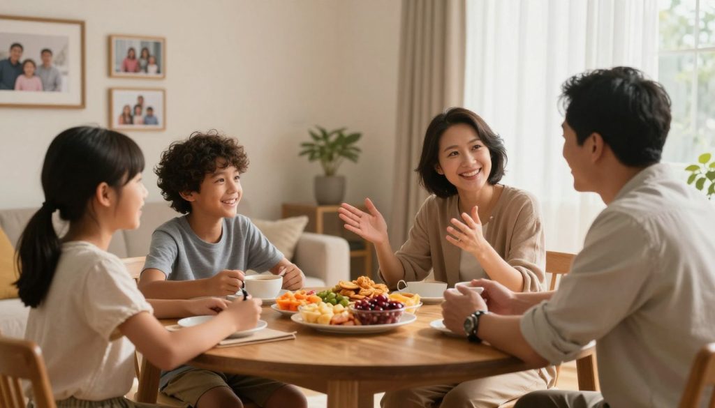 A warm and inviting living room scene depicting a diverse family engaged in open communication around a cozy table. In the foreground, a group of four family members—two adults and two children—are seated, smiling and attentive, dressed in modest casual clothing. One adult gestures passionately while another listens intently, illustrating the dynamic of conversation. In the middle, a colorful array of snacks is neatly arranged on the table, inviting connection and comfort. The background features a softly lit room with family photos on the walls, warm natural light filtering through sheer curtains, creating a relaxed and positive atmosphere. The overall mood is one of harmony and engagement, emphasizing the importance of strong family communication skills.