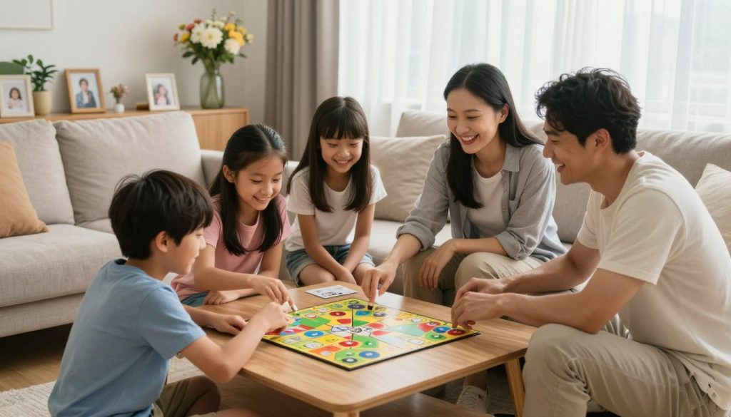 A warm and inviting living room scene, showcasing a diverse family of four engaged in a joyful activity that fosters positive family dynamics. In the foreground, a mother and father are sitting on a cozy sofa, laughing and playing a board game with their two children, a boy and a girl. The middle section includes a coffee table adorned with colorful family pictures and a vase of fresh flowers, enhancing the sense of togetherness. In the background, a tastefully decorated room features soft, natural lighting filtering through sheer curtains, creating a serene atmosphere. The family is dressed in modest, casual attire, radiating warmth and love. Capture the image from a slightly elevated angle, emphasizing the closeness and connection among the family members, with a soft focus that conveys a harmonious and nurturing home environment.