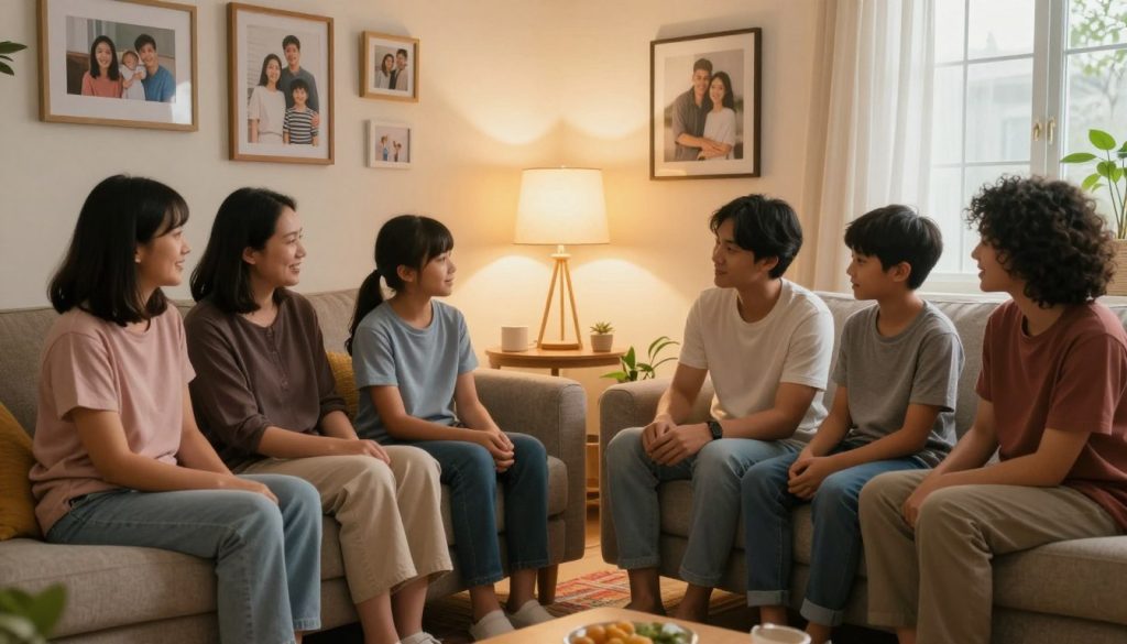 A warm and inviting living room scene that embodies the essence of trust and emotional safety within a family. In the foreground, a diverse family sitting together on a comfortable couch in modest casual clothing, engaged in a heartfelt conversation, their expressions warm and reassuring. In the middle ground, a soft, glowing lamp illuminates the room, creating a cozy atmosphere, while family photos hang on the walls, showcasing happy memories. The background features a colorful rug and houseplants that add life to the setting. Soft, natural light filters through a window, enhancing a sense of peace. The overall mood should be serene and supportive, capturing the essence of building strong, trusting family bonds.