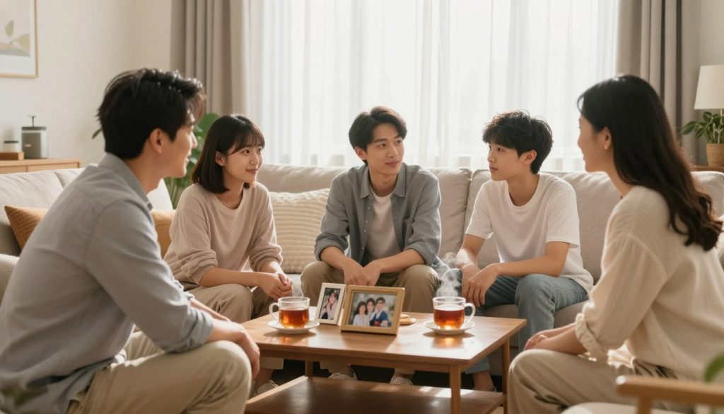 A warm and inviting living room setting, showcasing a family seated together on a cozy couch, engaged in a meaningful conversation. In the foreground, a father and mother, dressed in modest casual clothing, lean in towards their teenage children, who are attentively listening, creating a circle of trust. The middle of the scene features a coffee table with a few family photos and a steaming mug of tea, symbolizing togetherness. In the background, soft natural light filters through sheer curtains, casting gentle shadows that enhance the sense of warmth and intimacy. The mood is serene and supportive, emphasizing strong household connections and the importance of trust in building resilient relationships. Use a wide-angle lens for a more expansive view, focusing on capturing their expressions of understanding and openness.