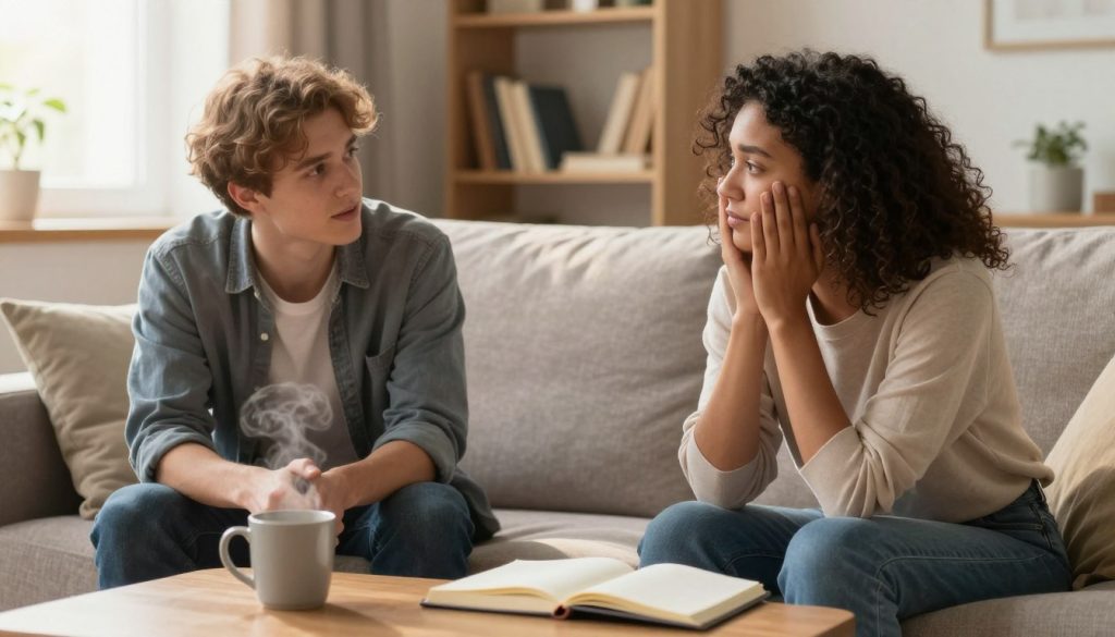 A warm and inviting scene depicting two diverse friends sitting on a cozy sofa in a softly lit living room, engaged in an open and heartfelt conversation. The foreground features their expressive faces, showcasing empathy and understanding, with one leaning slightly forward, attentive to the other. In the middle, a small coffee table is adorned with a steaming mug and open notebook, symbolizing their exchange of thoughts and feelings. The background reveals a shelf filled with books about communication and psychology, hinting at personal growth. Soft, diffused sunlight filters through the window, casting a serene glow, creating a calm and supportive atmosphere that embodies emotional intelligence in relationships. The overall mood is warm, encouraging, and nurturing, highlighting the strength of emotional bonds.