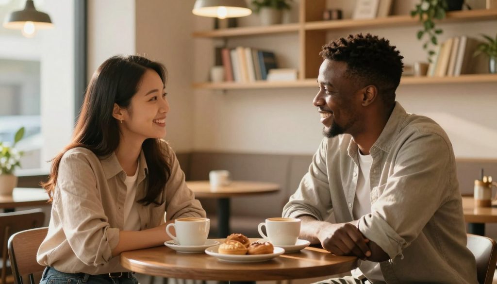 A warm and inviting scene depicting two friends engaged in meaningful conversation at a cozy coffee shop. In the foreground, a pair of adults, one Asian and one Black, sit across from each other at a small round table, both dressed in modest casual attire. They are smiling and leaning in slightly, showcasing their strong connection and active engagement. The middle ground features a softly lit ambiance with delicate coffee mugs and a plate of shared pastries, hinting at intimacy and shared moments. In the background, soft-focus shelves filled with books and plants create a peaceful atmosphere. The lighting is warm and inviting, emulating late afternoon sunlight filtering through a window, casting soft shadows and enhancing the sense of comfort and camaraderie. The overall mood is one of warmth, connection, and the importance of nurturing friendships through consistent communication.