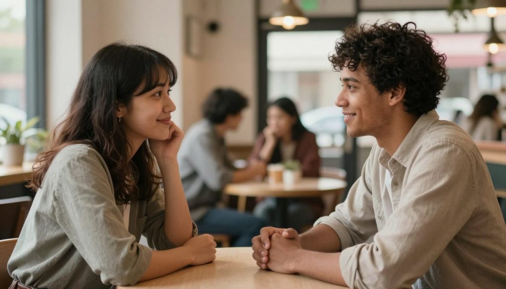 A warm, intimate scene featuring two diverse individuals engaged in heartfelt conversation, sitting across from each other at a small table in a cozy café. The foreground captures their expressive faces, reflecting empathy and attentiveness, with soft lighting highlighting their smiles. In the middle, their hands are gently resting on the table, conveying a sense of connection and trust. The background includes blurred elements of a bustling café, such as soft-focus patrons and warm-toned décor, creating a sense of community and warmth. Natural light filters through the windows, casting gentle shadows. The overall mood is inviting and sincere, emphasizing the beauty of authentic communication and emotional bonding in relationships.