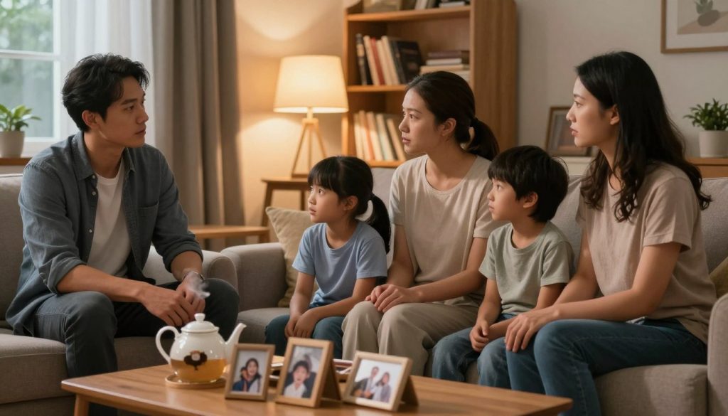A warm, inviting family scene set in a cozy living room, emphasizing togetherness during a serious yet supportive conversation. In the foreground, a diverse family - a father, mother, and two children - are seated together on a comfortable sofa, showing attentive expressions. The middle layer reveals warm lighting from a nearby lamp, casting a gentle glow, and a cluttered coffee table with family photos and a steaming teapot, enhancing the intimate atmosphere. In the background, soft-focus elements like a bookshelf filled with books and a window with curtains slightly drawn, letting in soft evening light, create a serene setting. Capture the mood of openness and connection, reflecting a safe space for discussing challenging topics, highlighting the importance of communication in strengthening family ties.
