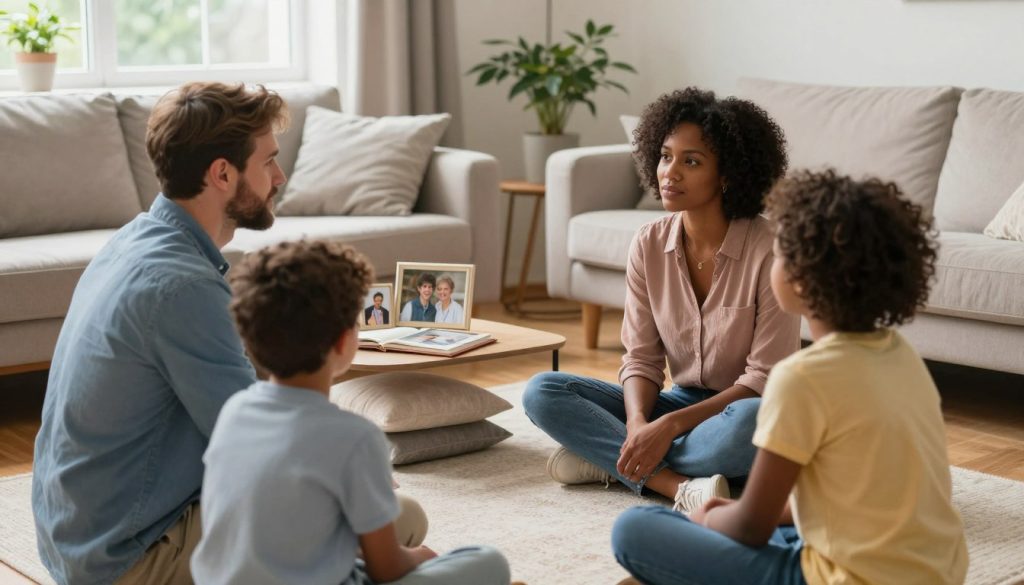 A warm, inviting living room scene illustrating family conflict resolution. In the foreground, a diverse family of four – a Caucasian father, an African American mother, and two children of mixed heritage, one boy and one girl – sit in a circle on the floor. They are engaging in a calm discussion, radiating empathy and understanding. The middle ground features soft pillows and a small coffee table with a family photo album, symbolizing shared memories. In the background, soft, natural light streams through a window, illuminating the space and creating a serene atmosphere. The room is adorned with plants and soothing colors, enhancing a feeling of peace and connection. The scene conveys a mood of cooperation, active listening, and resolution.
