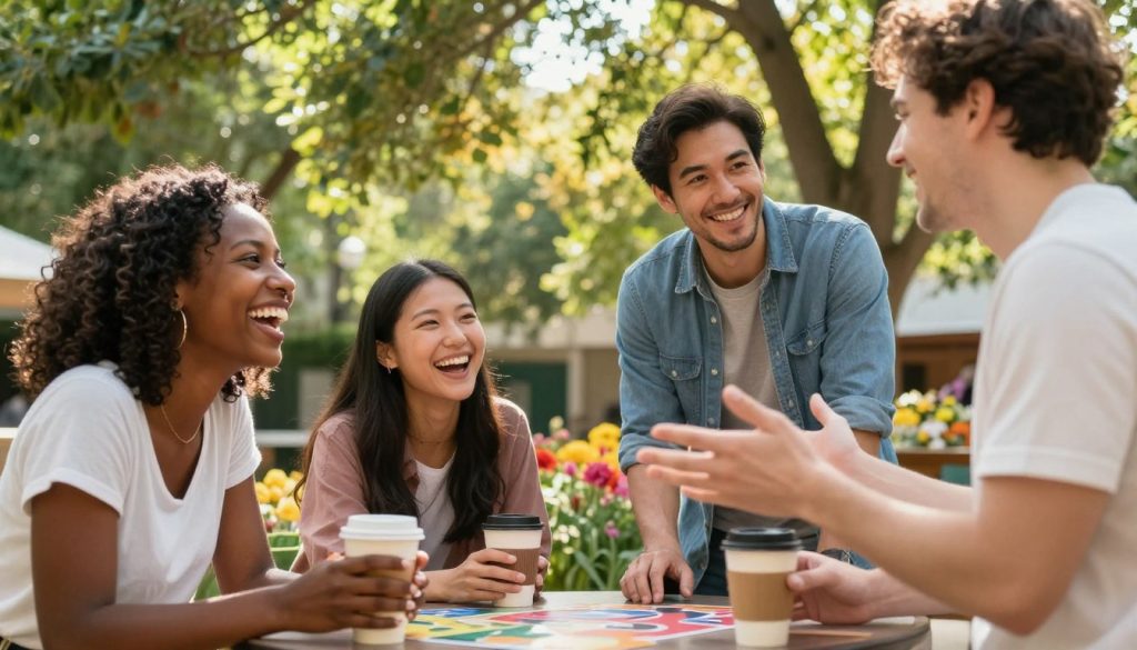 A warmly lit scene depicting a diverse group of friends engaging in meaningful conversation outdoors, surrounded by lush green trees and colorful flowers. In the foreground, two women, one Black and one Hispanic, laugh joyfully over coffee, while a Caucasian man gestures animatedly as he shares a story. In the middle ground, another pair of friends, an Asian man and a Middle-Eastern woman, smile as they play a game. The background features soft sunlight filtering through the leaves, enhancing the positive, friendly atmosphere. The angle is slightly upward, emphasizing the camaraderie and connection among the group. The overall mood is cheerful, uplifting, and inviting, highlighting the essence of supportive friendship and shared values.