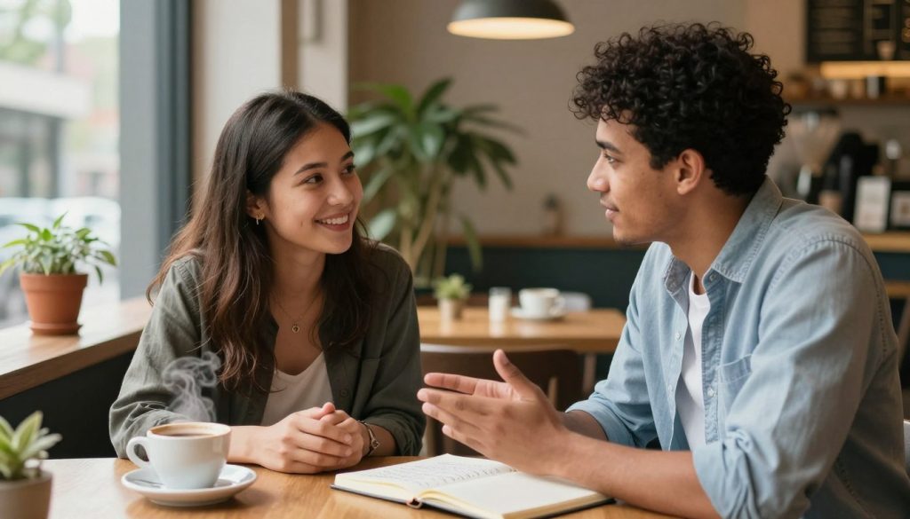 Two diverse individuals, a woman and a man, sitting at a cozy café table, engaging in a meaningful conversation, showcasing body language that conveys openness and warmth. The foreground features a steaming coffee cup and an open notebook with handwritten notes. In the middle, their faces are lit by soft, natural light filtering through a large window, enhancing the intimate atmosphere. The background reveals a vibrant café scene, with plants and warm wooden textures, creating a welcoming vibe. The mood is one of camaraderie and connection, emphasizing intentional action in relationship building. The image should be vibrant and inviting, with a focus on the interaction between the subjects, capturing the essence of deepening existing relationships.